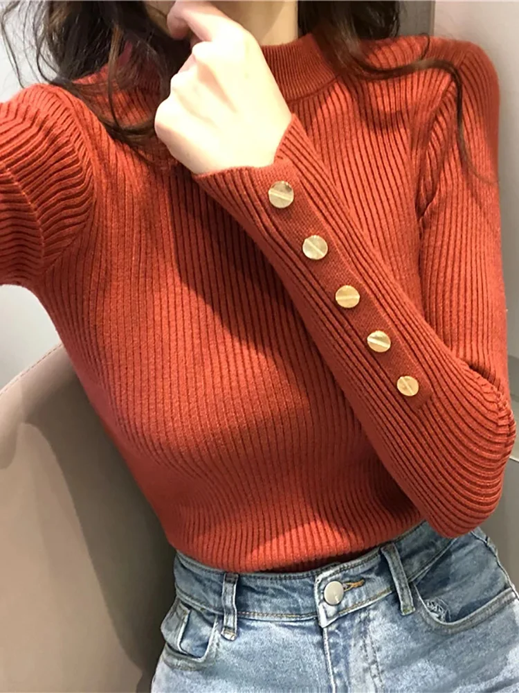 Jesień Zima Sweter Damski Pullover Dzianinowe Topy Mock Neck Długi Rękaw Czarny Slim Pullovers Casual Basic Knitwear Pull Femme