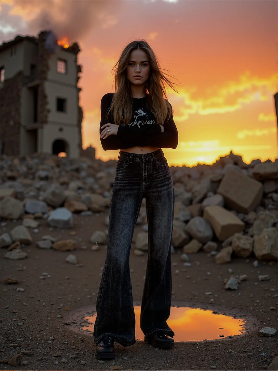 Flared Distressed Jeans Pants For Woman Denim Women Clothes Washed Loose Casual Streetwears Ins Vintage Retro Versatile Lace-Up