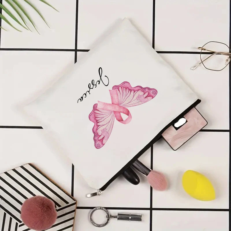 Butterfly Breast Cancer Custom Name Makeup Bag Breast Cancer Awareness Bag Pink Ribbon Surviving Cancer Bags Cosmetic Case