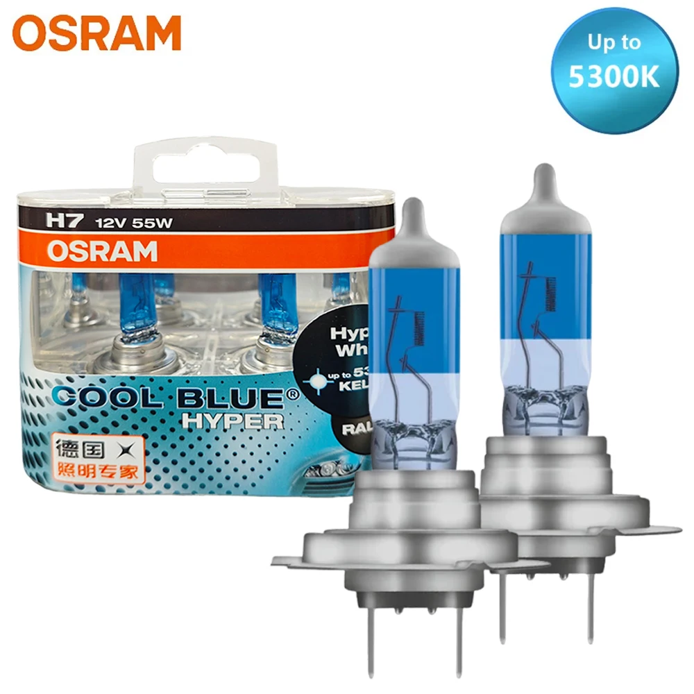 

OSRAM Cool Blue Hyper H7 Автомобильная галогенная фара 5300K Hi/Lo Beam 12 В 55 Вт + 50% ярко-белая лампа, оригинальная подлинная 62210CBH, пара