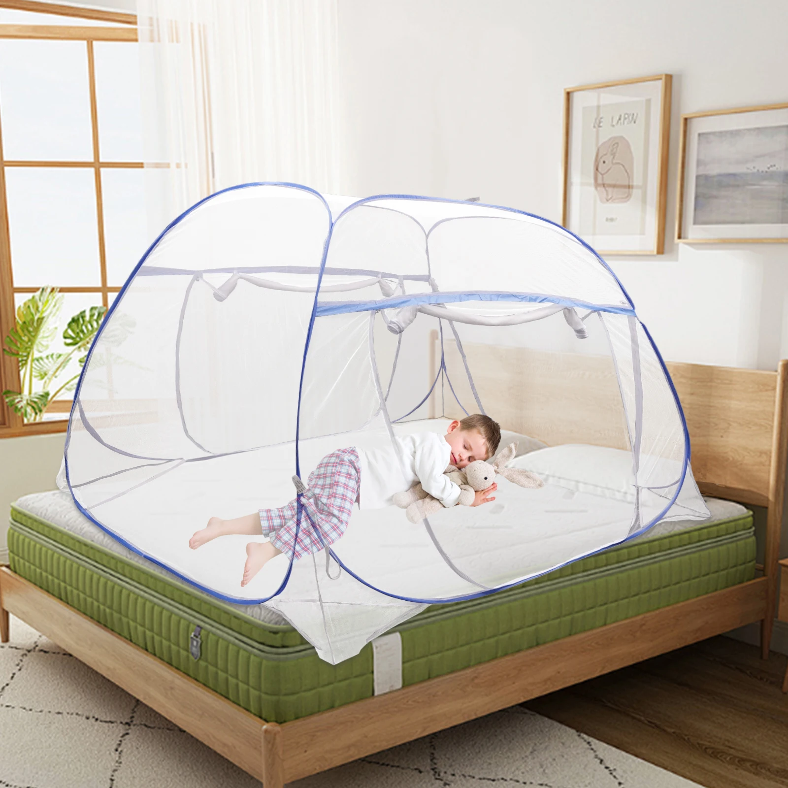 Mosquito Net with Four-Square Top, Triple Door & Double Zip, Durable Polyester for Bed, Baby & Pet-Friendly, Easy Installation,