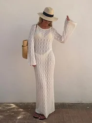Spring Autumn New Sexy See-through Personality Round Neck Slim Long Sleeved Sun Protection Smock Beach Maxi Dresses A3003