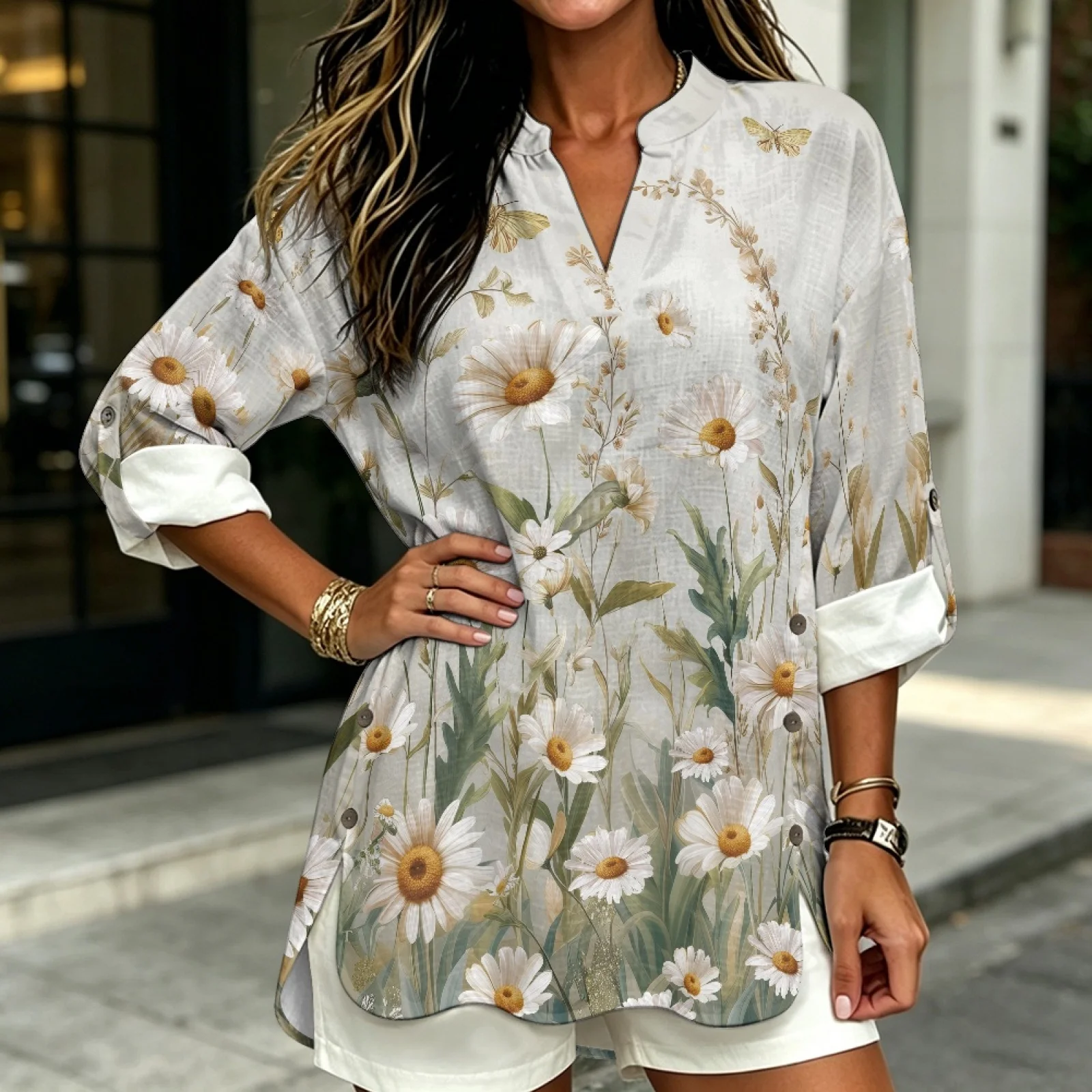 PENSTROLL Daisy Field Garden Linen Style Casual Blouses Pullover Long Sleeve Blouse for Womens Sizes S-5XL