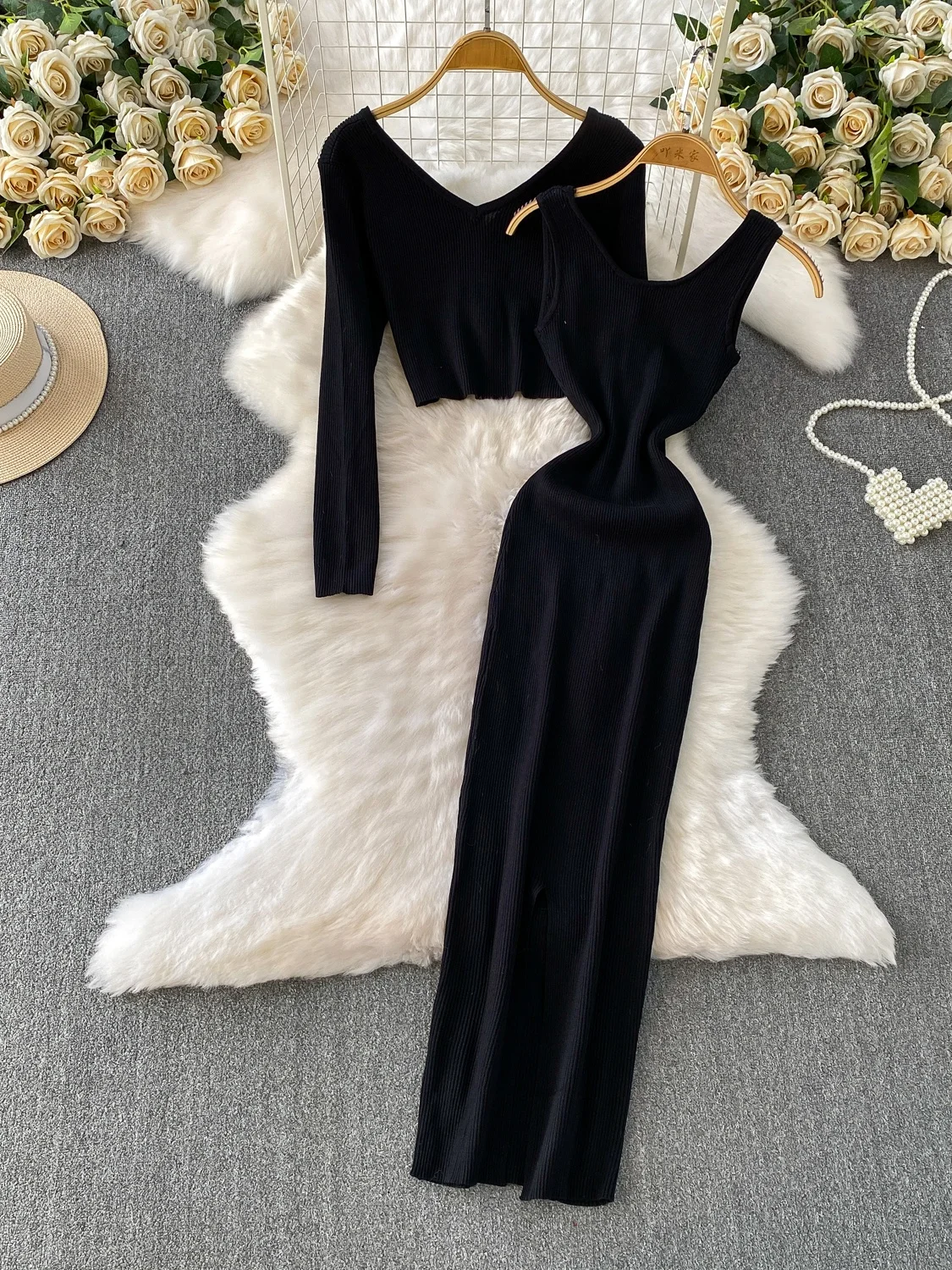 Slim Fit Knitted V-Ne Long Sve Vest Dr Set High Waist Bodycon Anti-Balloning Commute Sle Pure Color X-ape Silhouette