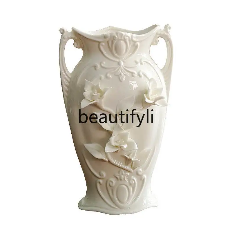 

1100ML European court style hand-squeezed flower relief ceramic binaural vase, flower arrangement container decoration