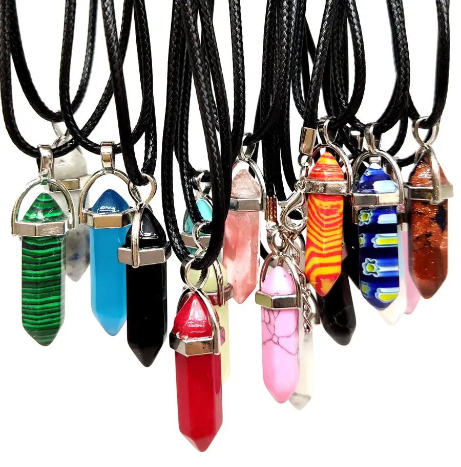 Bulk lots 30pcs Wholesale Assorted Healing Chakra Hexagonal Bullet Stone Cross Pendants Necklaces Men Women Hot Jewelry