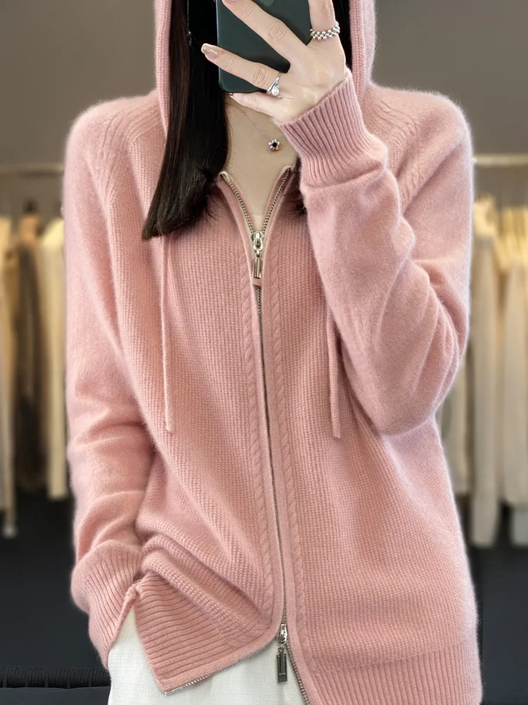 Wiosenno-jesienny kardigan z kapturem, dwurzędowy zamek błyskawiczny, jednolity kolor, 100% wełna merino, damski sweter dzianinowy, długi rękaw, wysokiej jakości topy.