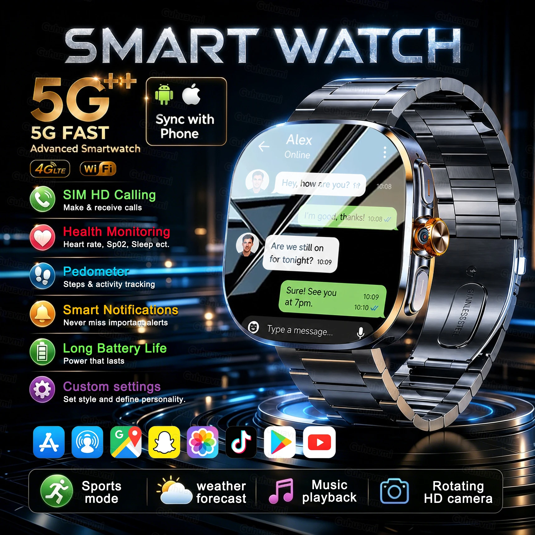 2,40 Zoll großer Bildschirm, 4G/5G-Netzwerk-Smartwatch mit 190 °   Rotierende Kamera GPS-Positionierung WLAN App-Download Android 10.0 Smartwatch