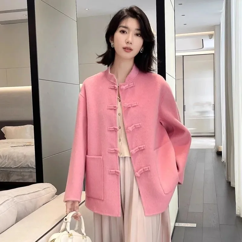 Autumn Winter Woolen Jacket 2024 New Chinoiserie Coil Buckle Women's Clothes Coat Solid Color Fashion Loose Outeawer Female