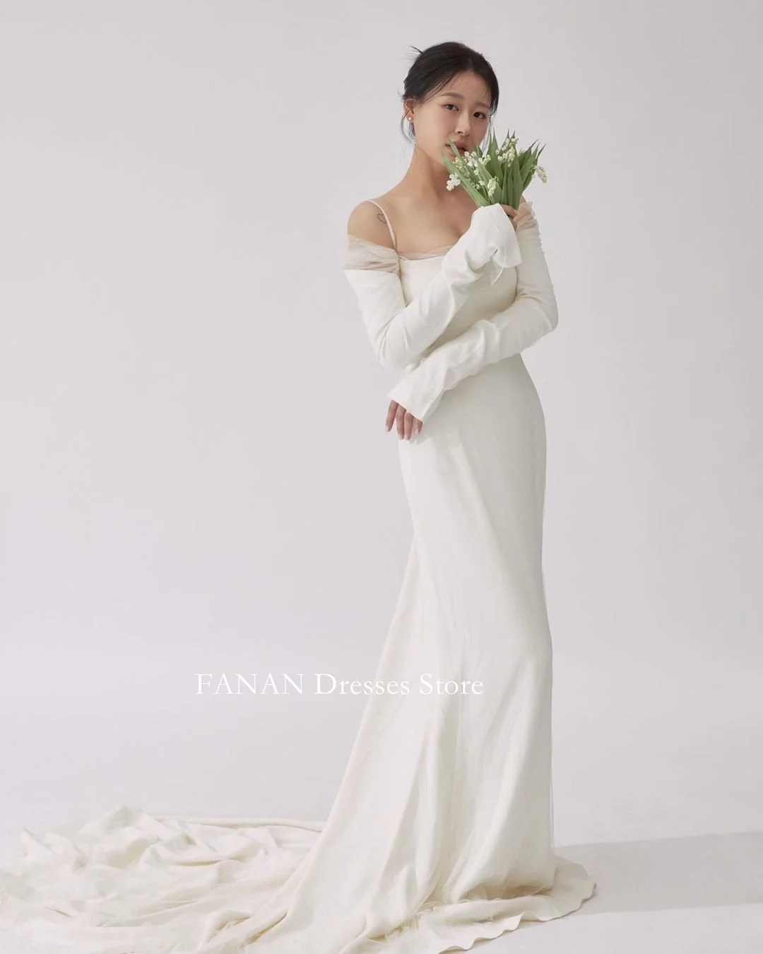 

FANAN Satin Spaghetti Straps Korea Ivory Ruched Wedding Dresses 웨딩드레스 Long Sleeves Custom Made Pretty Bride Gowns Plus Size