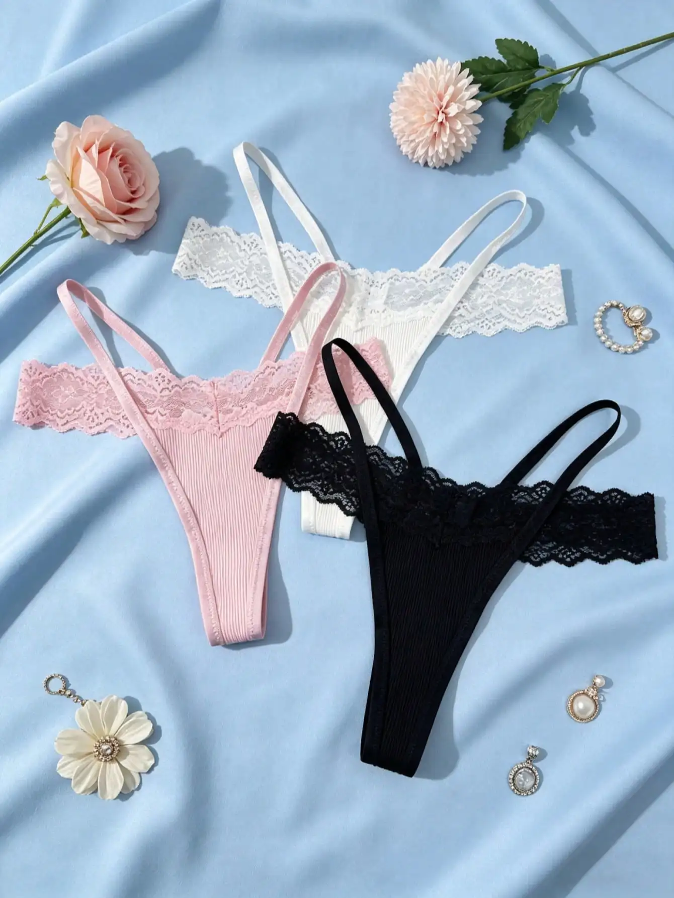 3-teiliges Damen-Tanga-Set, sexy Spitzenhöschen mit dünnem Bund, weiche und bequeme Unterwäsche mit niedrigem Bund, geeignet für den täglichen Gebrauch zu Hause, für Dates und