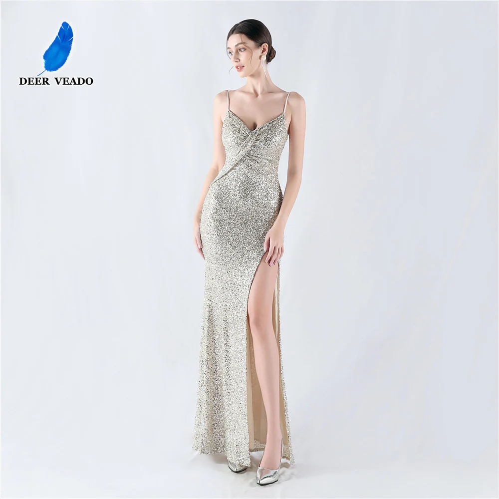 

DEERVEADO Mermaid High Slit Sequins Evening Dress for Woman Elegant V-Neck Strap Formal Occasion Dress Prom Party Maxi Dresses