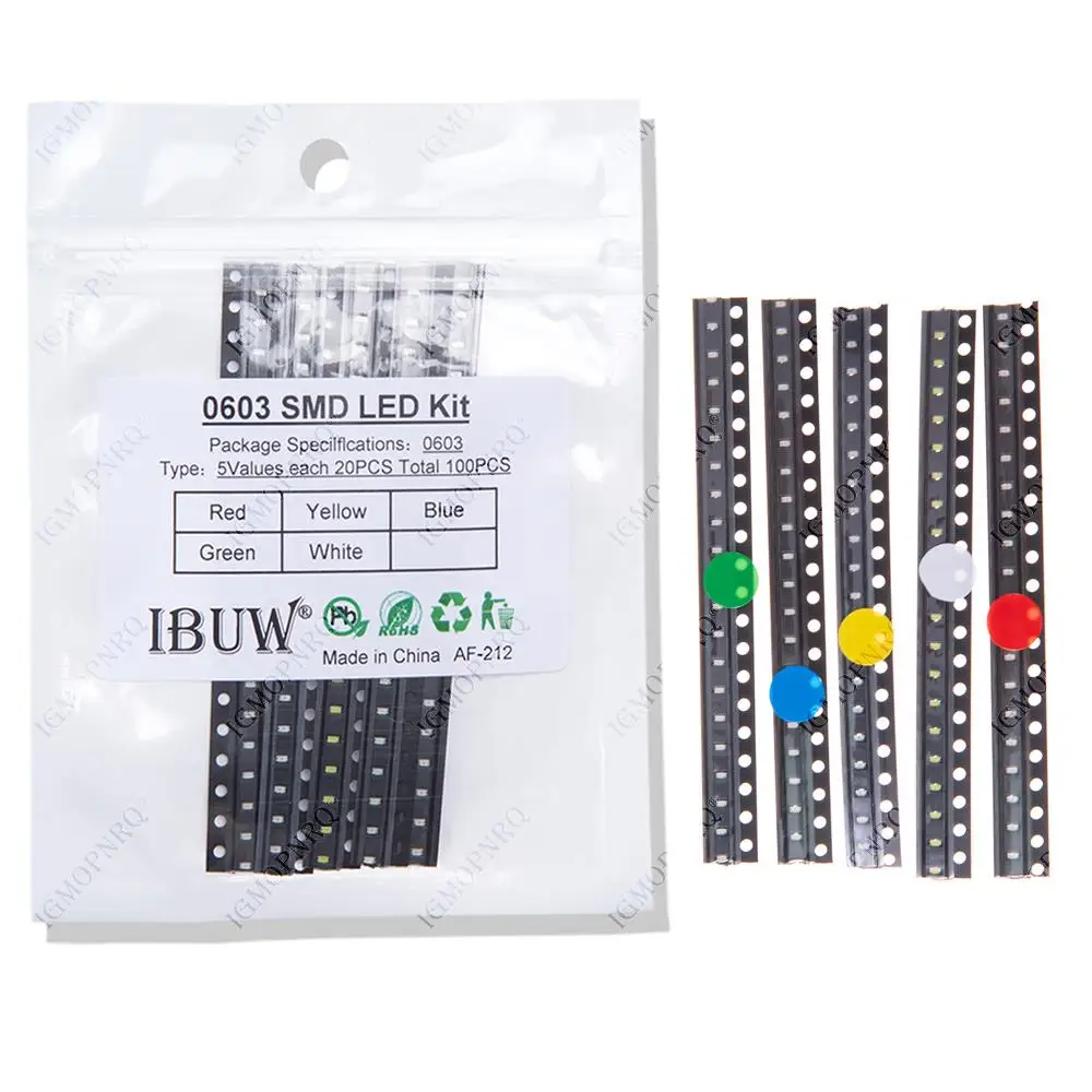 5 Farben je 20 Stück = 100 Stück 0603 SMD-LED-Kits Rot Gelb Blau Grün Weiß Leuchtdiode Leuchtstoffröhre