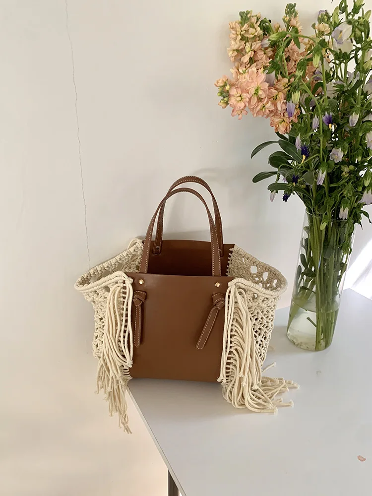 

Ретро-сумка из хлопкового шнура с кисточками, ажурная плетеная сумка, праздничная сумка-тоут, вместительная повседневная сумка, дизайнерская сумка с элементами пэчворка