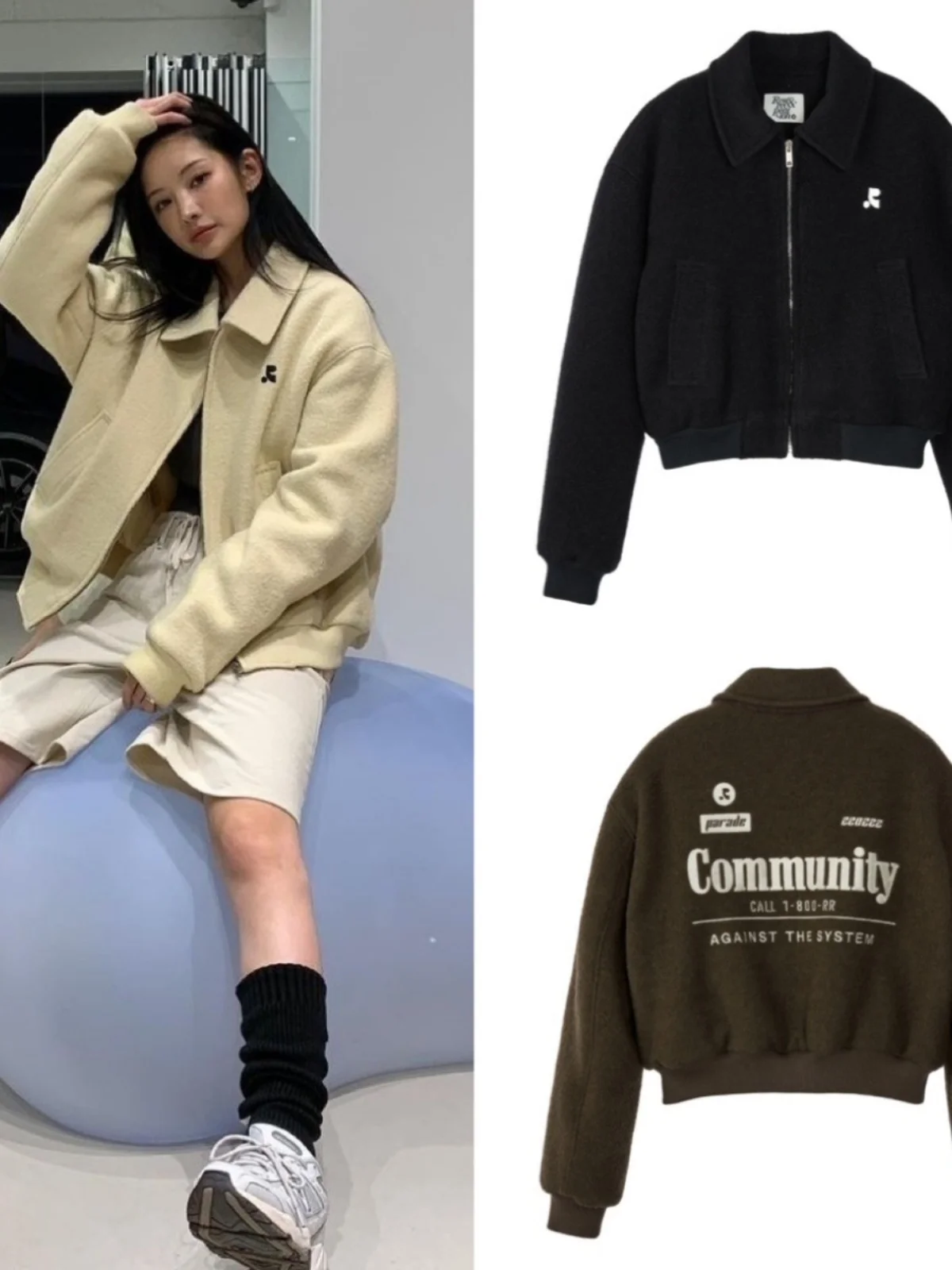 

Warm Woolen Cotton Interlined Baseball Jaet RR Collar Printed Zipper Outerwear Polyester 00% ort Coat for Women