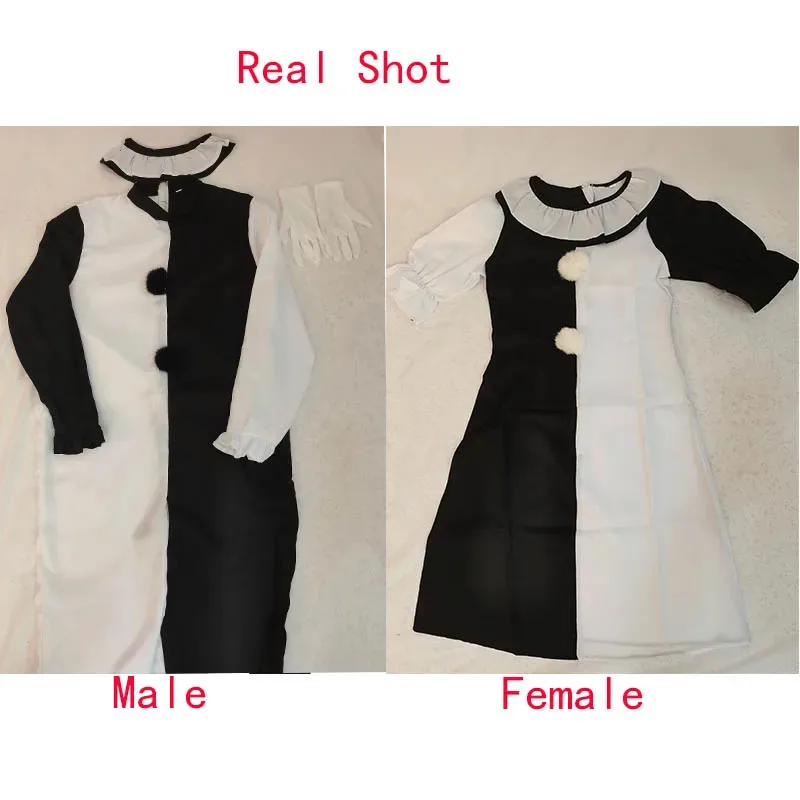 Terrifier 코스프레 의상 여성/남성 공포 카니발 파티 피부 꽉 블랙 화이트 킬러 광대 할로윈 의상 점프 슈트