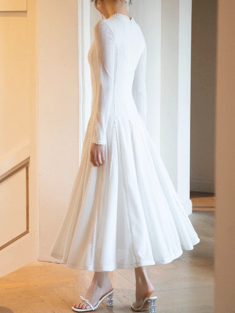 QMQA-女性のための透かし彫りメッシュスプライシングドレス,スリムウエスト,刺繍レース,大きなスイング,モノクロ,エレガント,ファッション,a768