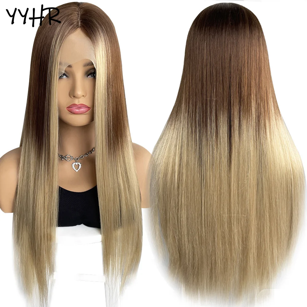 

Women Straight T Part Lace Wig Brown Mix Blonde Long Natural Straight Soft 13X1 4X1 Synthetic Lace Wig For Woman Daily or Party