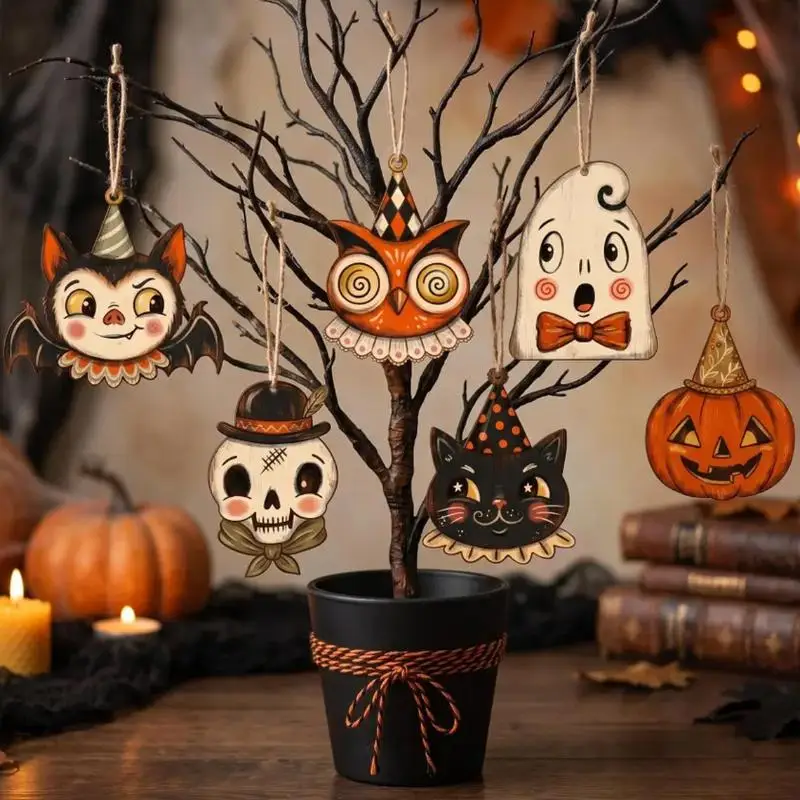 Vintage Wooden Halloween Hanging Ornament Adorable Ghost Vampire Print Suitable for Home Office Halloween Decorations