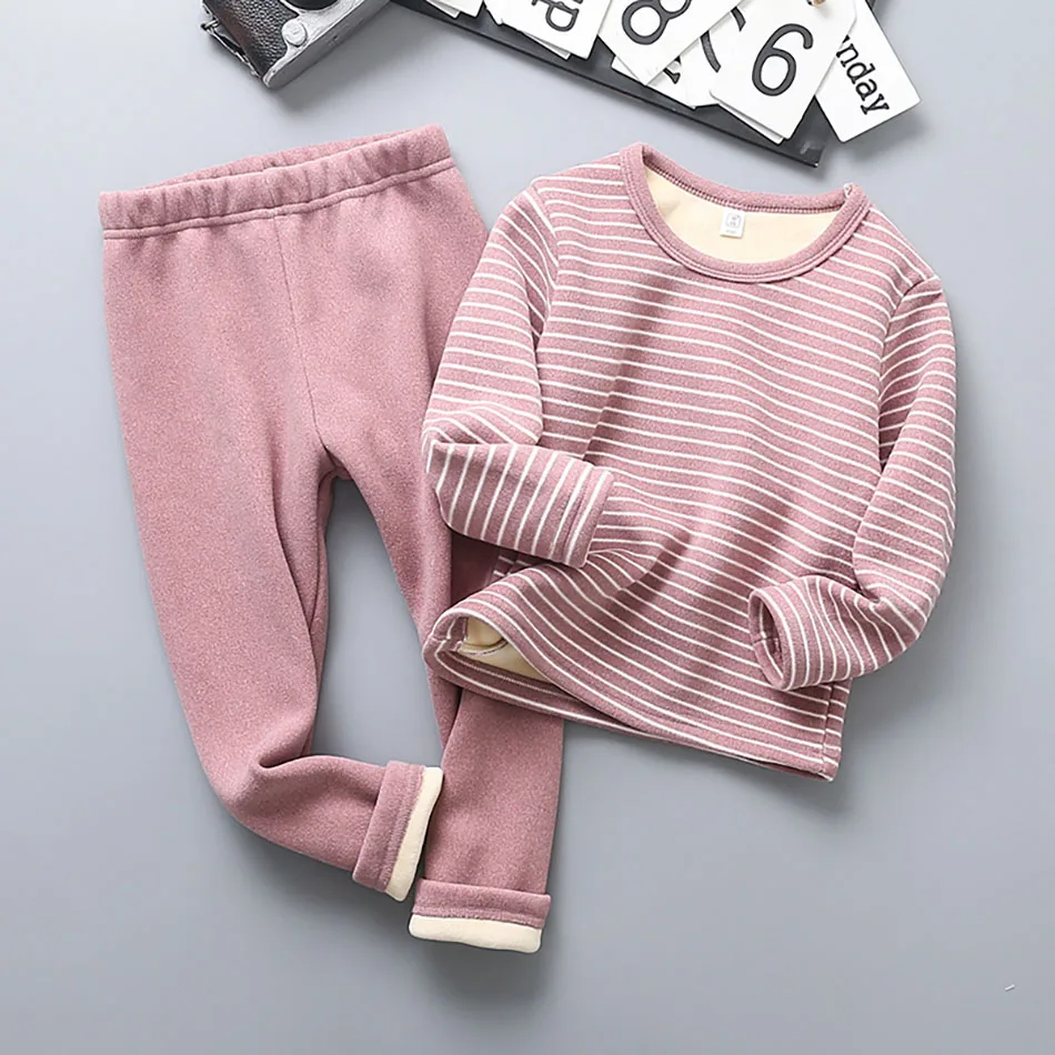 Extra Warm Plush Lined Children Striped Homewear Sleepwear Autumn and Winter Pajama Sets Suitable Kids Comfortable and Style