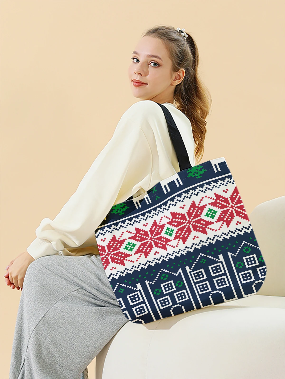 حقيبة يد كاجوال مطبوعة بطابع عيد الميلاد، حقيبة ظهر عصرية قابلة لإعادة الاستخدام، حقيبة يد متعددة الوظائف، حقيبة تسوق قماشية #2