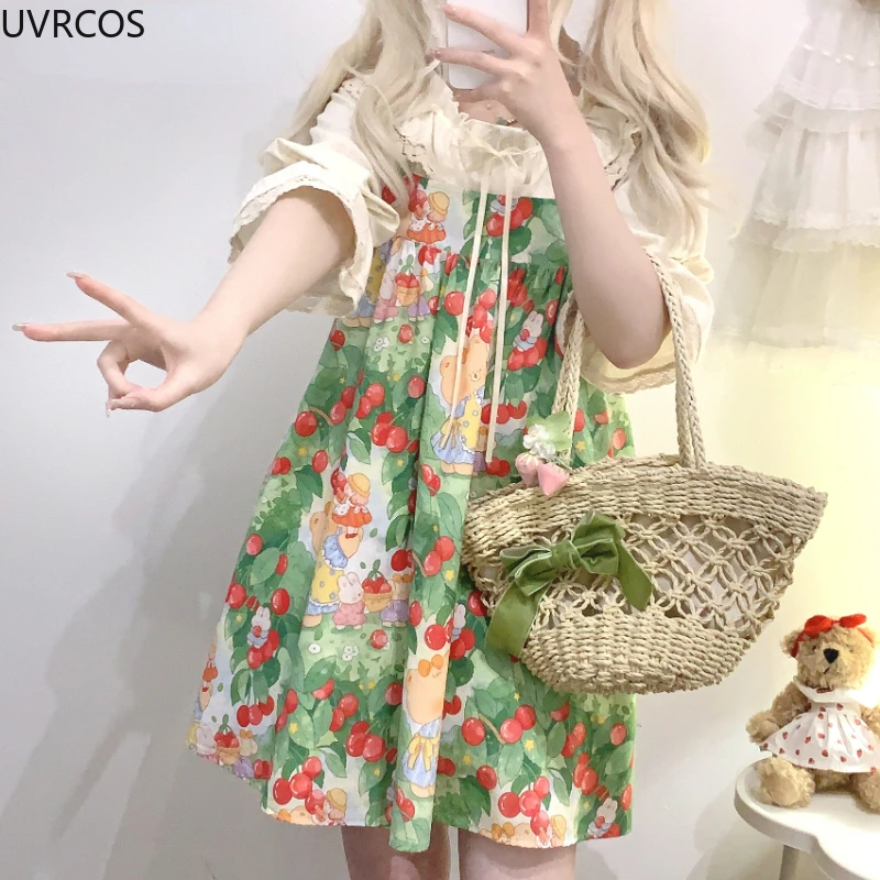 Giapponese Kawaii Lolita Style Jsk Dress donna Sweet Fruit Print Princess Sling Dresses Casual allentato carino senza maniche abiti da festa