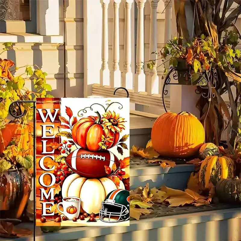 Fall Welcome Football Garden Flags 12x18 Double Sided for Outside | Small Burlap Bright Holiday Seasonal Pumpkin Fall Yard F kkz