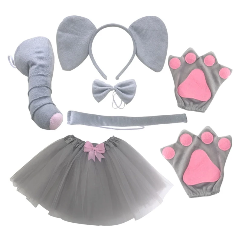 Kids Animal Costume Elephant Ear Headband Bowtie Tail Nose Gloves 3/4/5/6