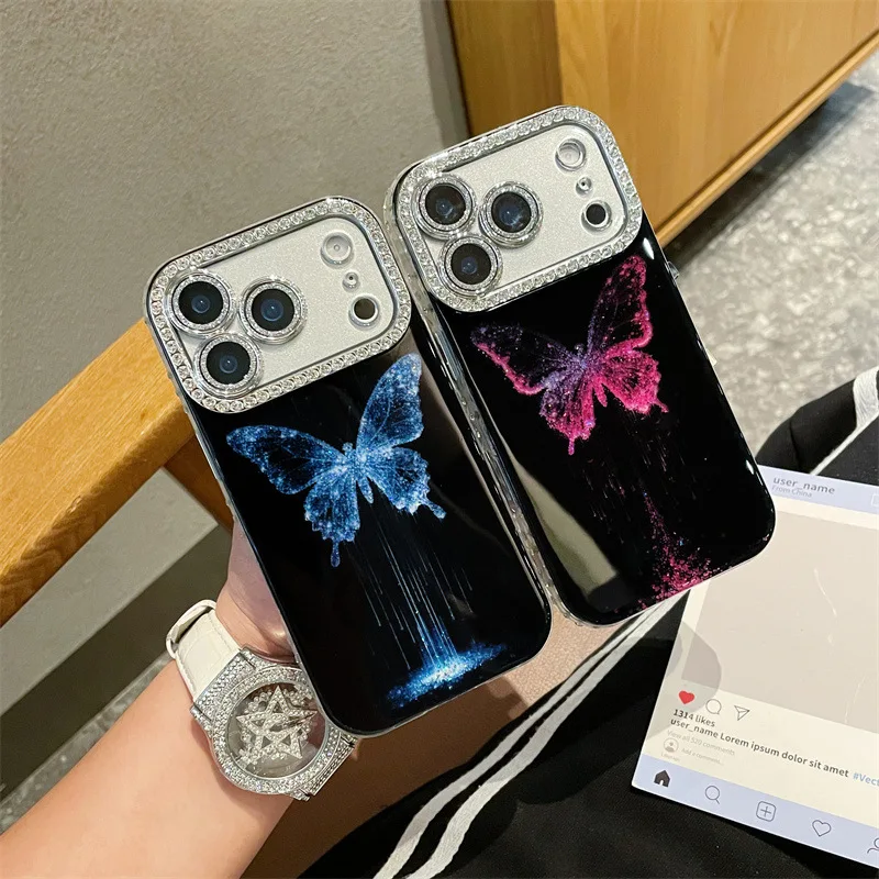 Luxuriöse glänzende Diamant-Rahmen-Schmetterlings-Handyhülle für iPhone 17, 16, 15, 14, 13, Pro Max, glitzernde Linsenfolie, stoßfeste Schutzhülle