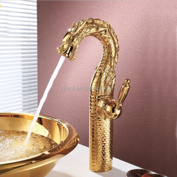 

X8624B4 Luxury Single Handle Brass Material Gold Color Of Artistic Dragon Bathroom Sink Faucet