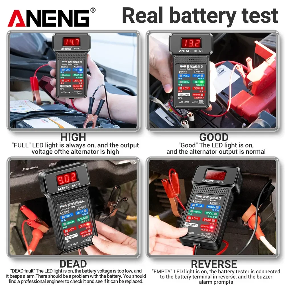 ANENG BT-171 probador de batería Digital de 12V indicador de batería de coche con pinzas de cocodrilo indicador de estado de batería LED herramienta de electricista