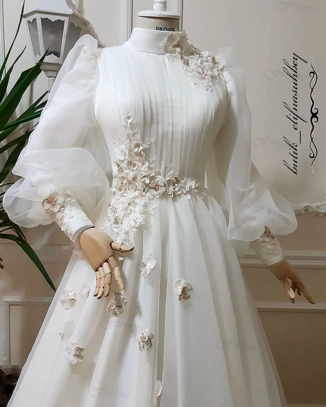 Principessa avorio 3D fiori Abito da Sposa 2024 collo alto maniche lunghe abiti da Sposa per la Sposa a-line Tulle Abito da Sposa