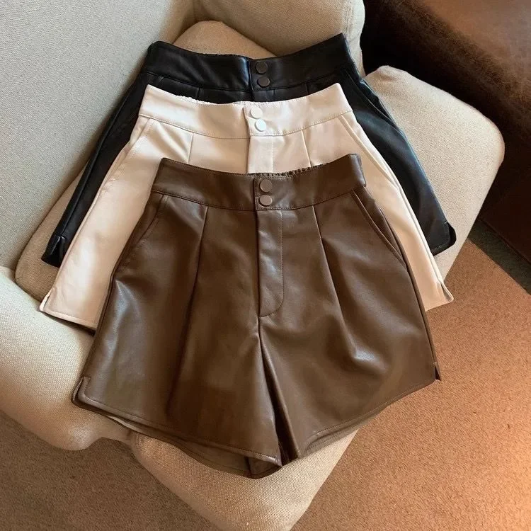 2024 New Women's High-Waisted Slimming Petite PU Leather Pants Casual Shorts Solid Color Versatile For Autumn/Winter