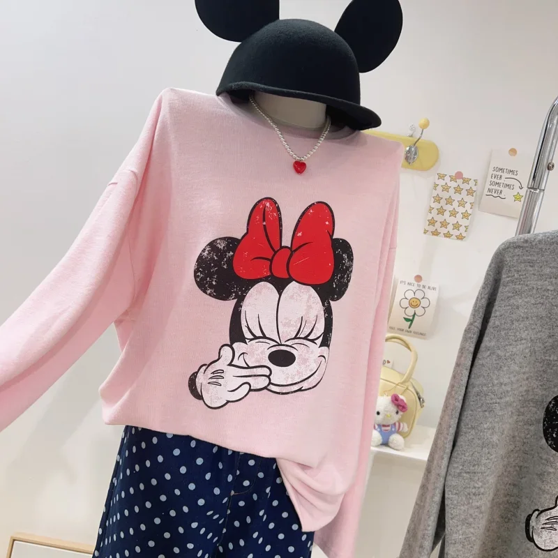 Thick Cotton 2025 Spring New Sweet Old Mottled Cartoon Print Polished Crew Neck Bottoming Top Loose Cartoon Long Sleeve T-shirt