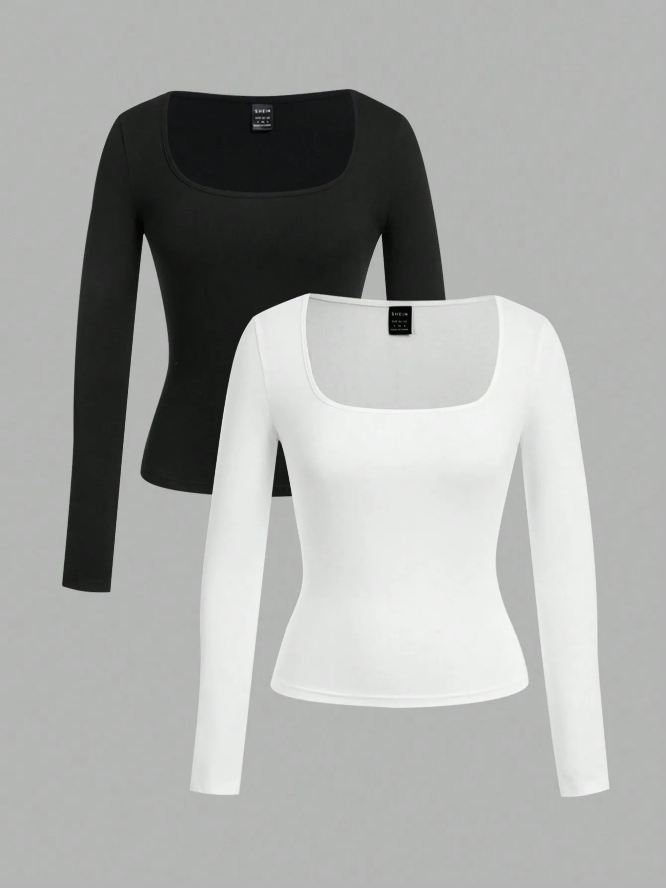 

2-Pack Women's Square Neck Long Sleeve Slim Fit T-Shirts, Black & White, Casual All-Season Top