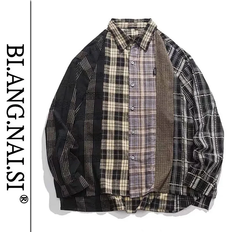 New American Vintage Patchwork Plaid Casual Shirt men Women Long Sleeve 2023 Spring Autumn Tide Brand Street Couple Shirt Coat