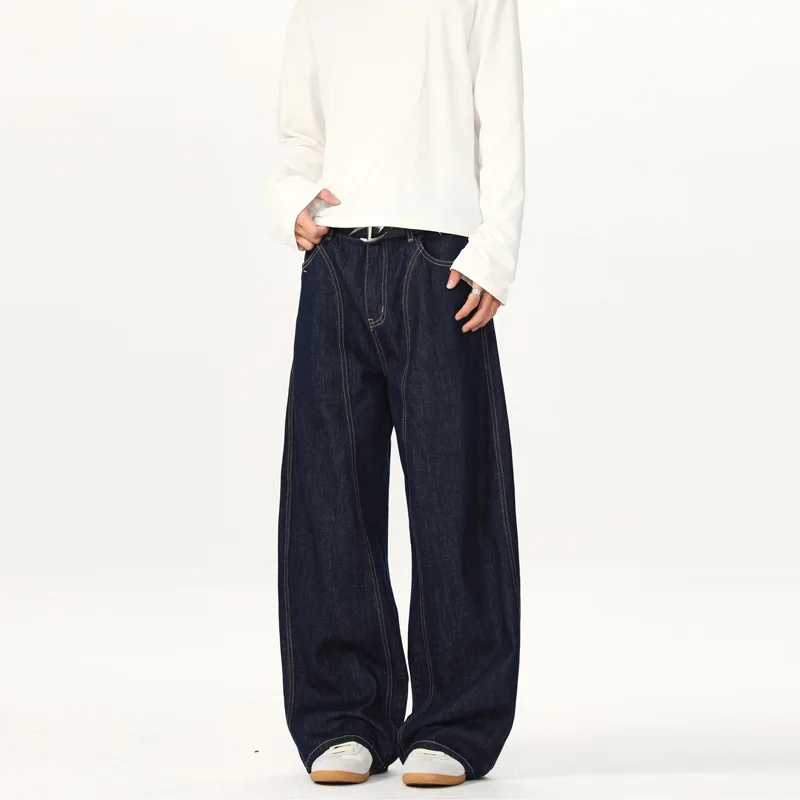 

American New Fashion Men's Dark Blue Casual Trendy Simple Basic Solid Color Daily Wide Leg Straight Denim Trousers Male Jeans