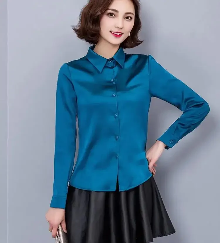 Peacock blue Satin Shirt Women Long sleeve silk Blouses