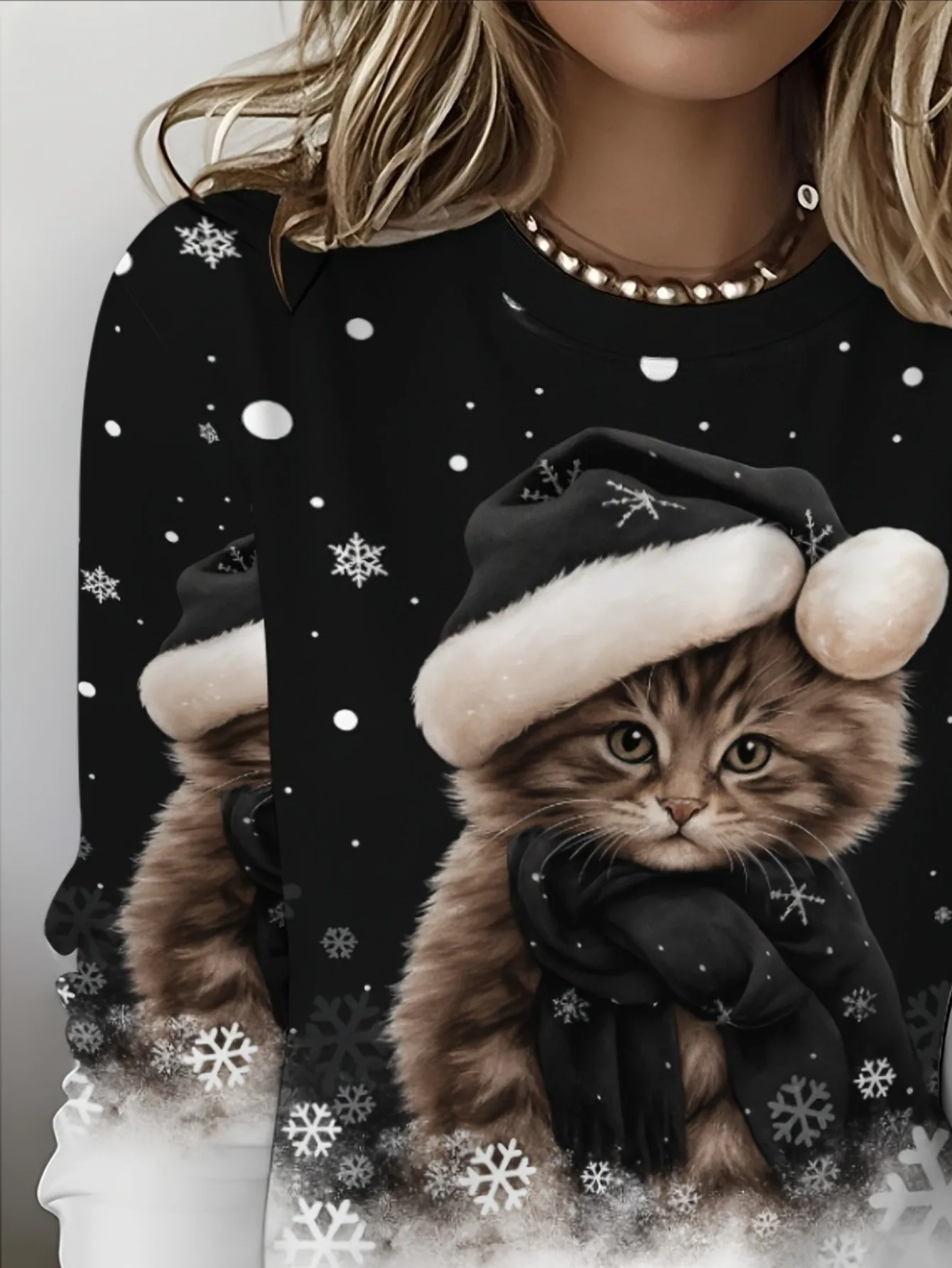 Women Round Neck Long Sleeve T‑Shirt Christmas Cat Santa Hat Snowflake Print Festive Holiday Casual Party Top Women's Clothes view 4