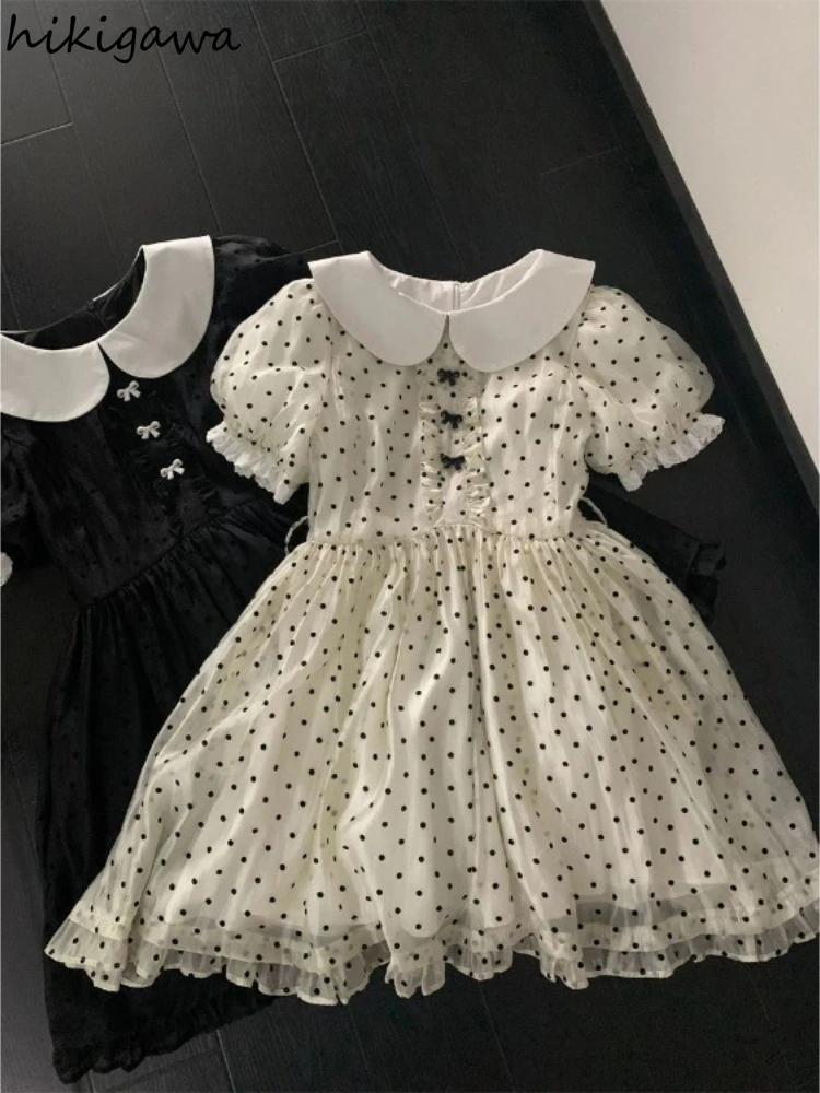 2024 Vestidos De Mujer Dresses for Women Peter Pan Collar Sweet Summer Robe Femme Slim Waist Polka Dot Vintage Cute Dress 27w527