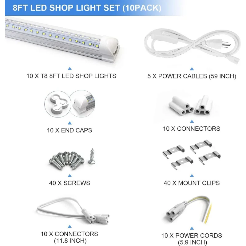 Imagem -02 - Tubo de Luz Led Integrado Forma de v Rendimento Elevado Plugue de Tampa Transparente Luminárias 90w t8 10 Unidades 8ft 6500k 12000lm