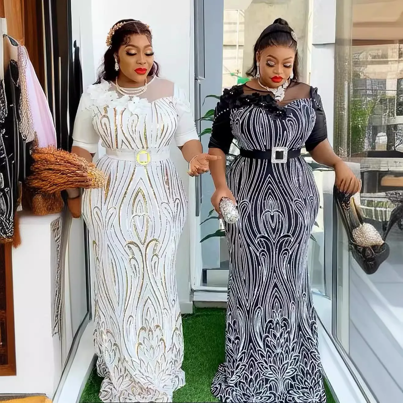 Afrykańskie sukienki imprezowe dla kobiet Dashiki Ankara cekinowa suknia wieczorowa weselna seksowna Bodycon długa sukienka Maxi Plus rozmiar