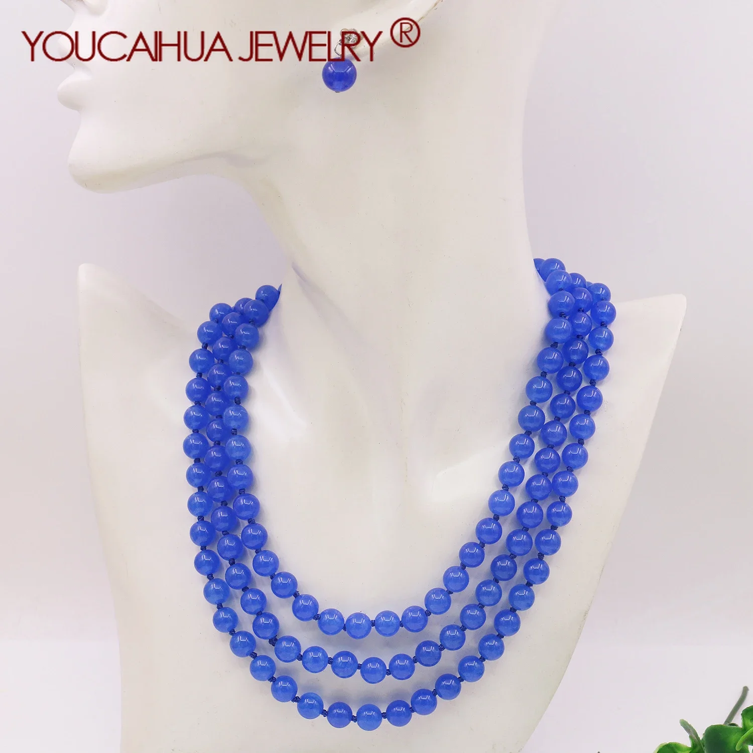 

8mm Natural Blue Jade Chalcedony Round Bead Stone Long Necklace/earring Set,Fashionable Transparent Gemstone Party Gift, 50Inch