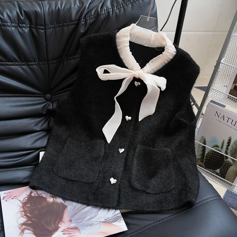 

Bow Tie Stitching Vest for Women Autumn Sweet Single Breasted Top