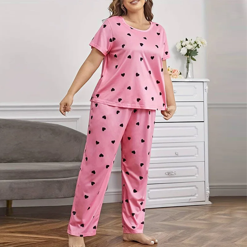 

Womens Plus Size Pajama Set Love Heart Print Short Sleeve T-shirt Top & Pants Sleepwear Loungewear Soft Comfortable Home Clothes
