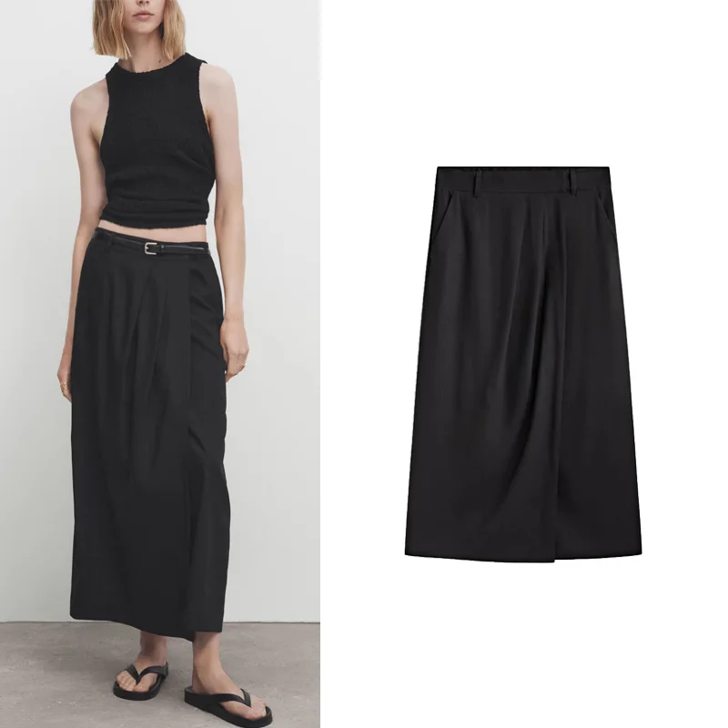 

Удобная черная юбка с высокой талией из смесового волокна MD, женская, новинка 2024 года, простая, элегантная, для повседневной носки, А-силуэт, длинная юбка