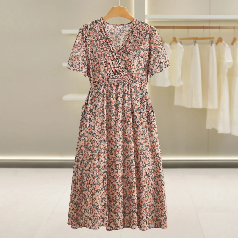 Ele Floral Print ort Sve V-Ne Dr Casual High Waist Cotton Summer New Arrival Women's Dr A-Line Skirt