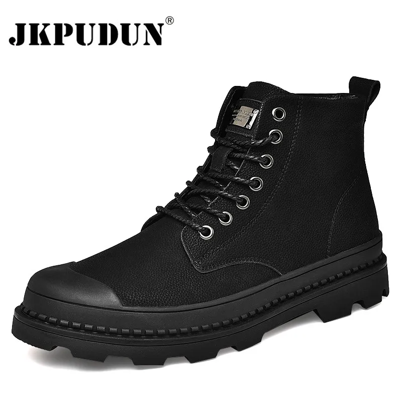 JKPUDUN-Botas de nieve de piel auténtica para hombre, botines cálidos, zapatos de trabajo para exteriores, color negro, Invierno