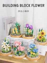 Creative Building Block Potted Bouquet Home Decoration Eternal Flower Rose Peony Sunflower Simulation Plant DIY Model Kids Toys