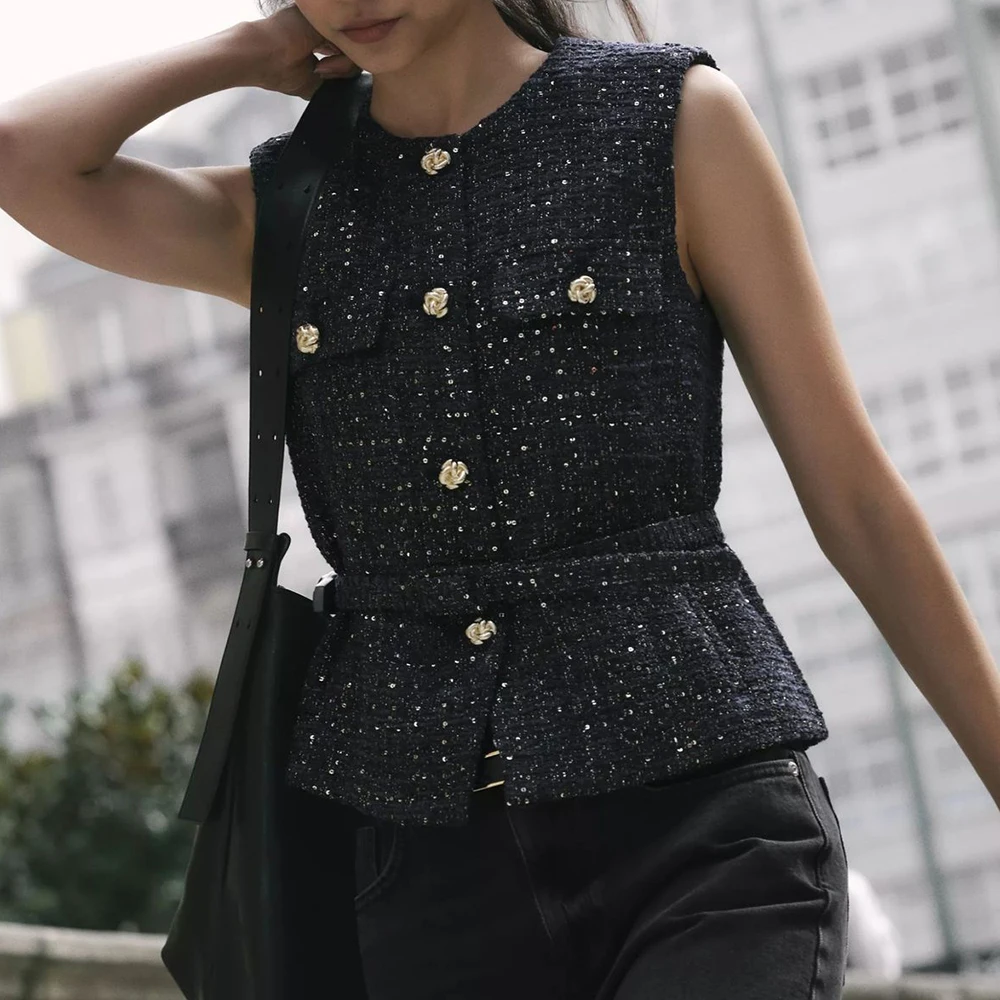 

Женский стильный жилет, куртка с поясом, отделка из бисера, европейско-американский дизайн, весенне-осенняя новая одежда, французский дизайн